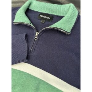 Bonobos Quarter Zip Sweater Blue/Green/White Striped Mens Large Pullover